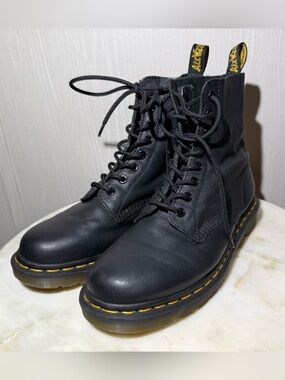 Dr. Martens Black Leather Lace-Up Combat Boots with Yellow Stitching